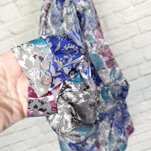 Vintage Blouse Polyester Gray Purple Floral Neck Tie Detail Fits a L/XL - Picture 8 of 12